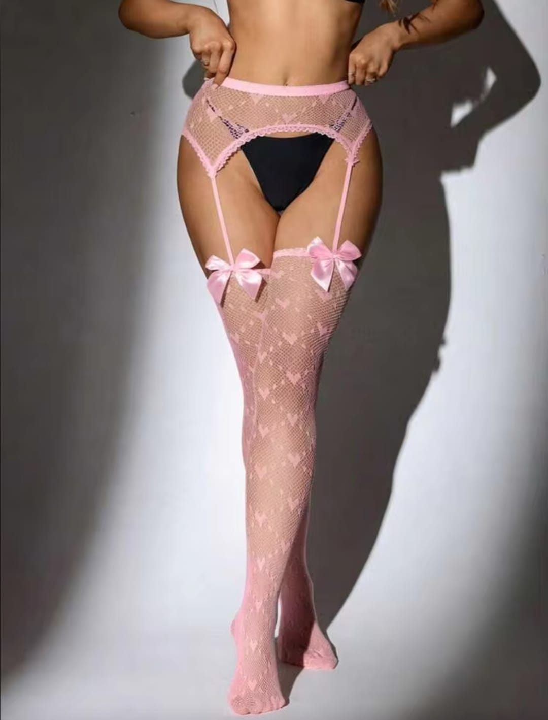 Women’s Black Sheer Fishnet Thigh High Stockings with Bow & Garter Style Straps